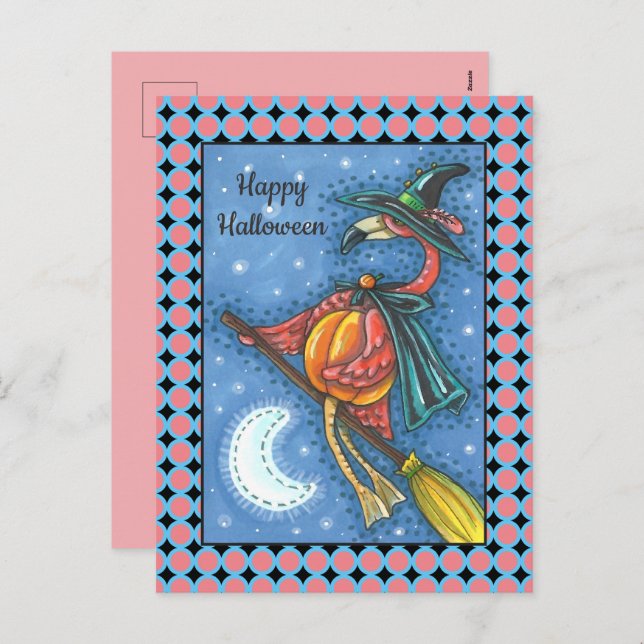 PINK FLAMINGO WITCH, FLYING OVER MOON ON A BROOM HOLIDAY POSTCARD (Front/Back)