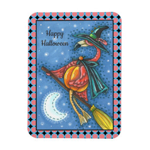 PINK FLAMINGO WITCH, FLYING OVER MOON ON A BROOM MAGNET