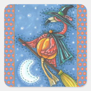 PINK FLAMINGO WITCH, FLYING OVER MOON ON A BROOM SQUARE STICKER