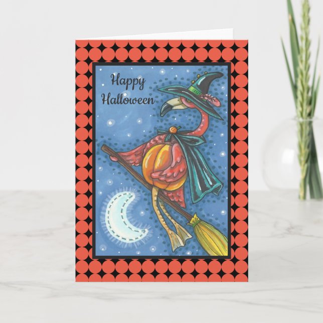 PINK FLAMINGO WITCH HALLOWEEN GREETING CARD Blank (Front)