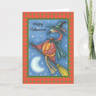 PINK FLAMINGO WITCH HALLOWEEN GREETING CARD Blank