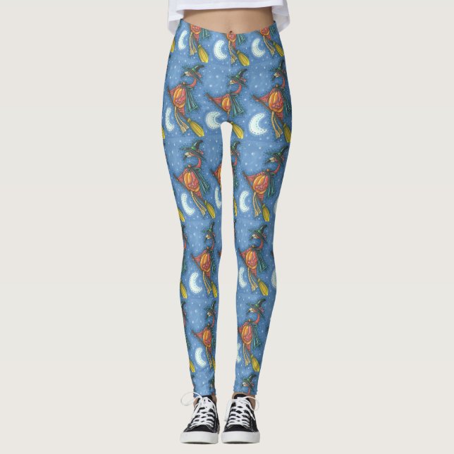 PINK FLAMINGO WITCH ON BROOM HALLOWEEN LEGGINGS (Front)