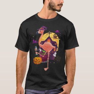 Pink Flamingo Witch Wine Pumpkin Halloween Costume T-Shirt