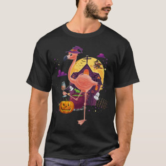 Pink Flamingo Witch Wine Pumpkin Halloween Costume T-Shirt