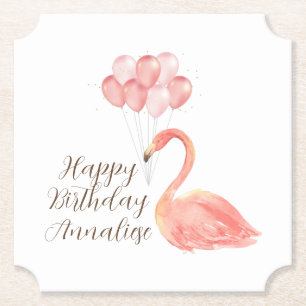 Pink Flamingo with Balloons Custom Happy Birthday Paper Coaster