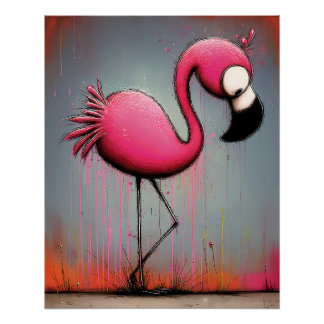 pink flamingo with big eyes - cartoon style poster
