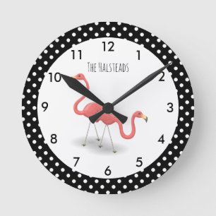 Pink Flamingo with Black Polka Dots Personalised Round Clock