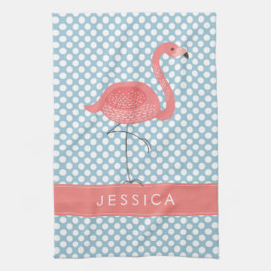 Pink Flamingo With Blue And White Polkadot Tea Towel