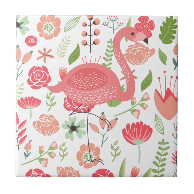 Pink Flamingo With Colourful Assorted Flowers Ceramic Tile (Front)