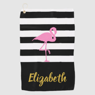 Pink Flamingo with Custom Text and Stripes Golf Towel