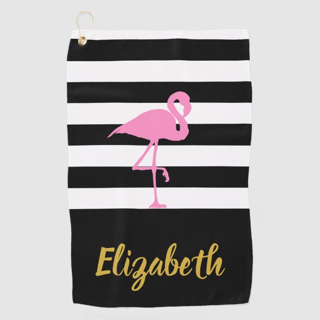 Pink Flamingo with Custom Text and Stripes Golf Towel (Front)