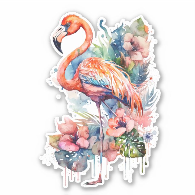 Pink Flamingo with Flowers Sticker (Front)