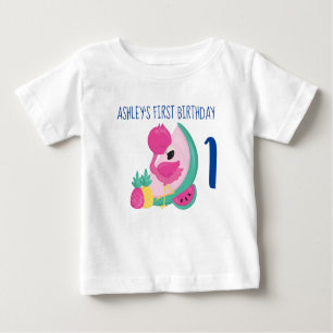 Pink Flamingo with Fruits First Birthday Baby T-Shirt