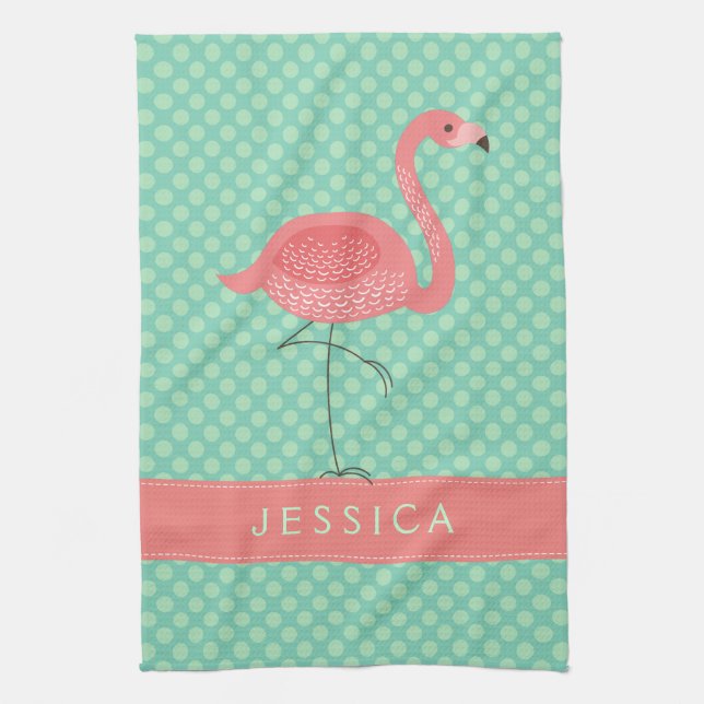 Pink Flamingo With Mint-Green Polkadot Tea Towel (Vertical)