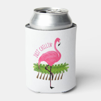Pink Flamingo With Palm Trees Can Cooler