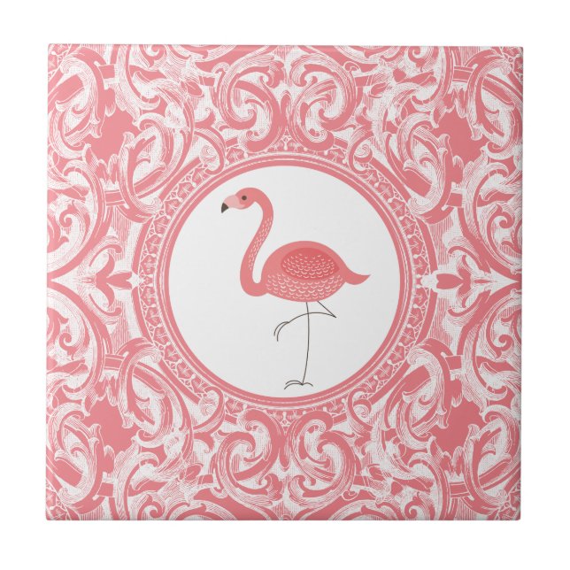 Pink Flamingo With Pink And White Floral Swirls Tile (Front)