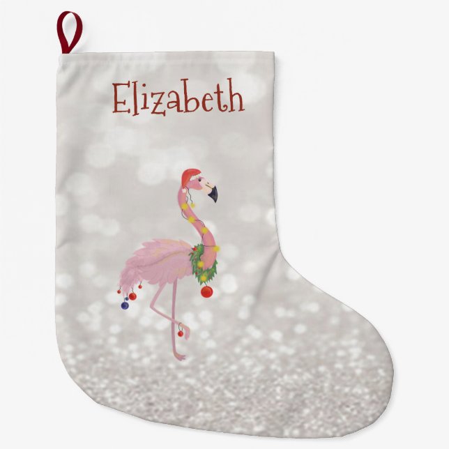 Pink Flamingo With Santa Hat, Glittery Bokeh Large Christmas Stocking (Front)