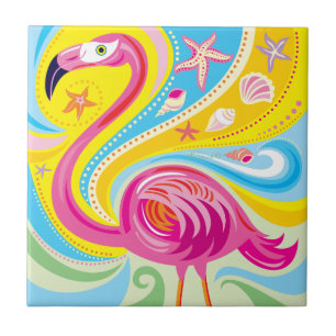Pink Flamingo with Starfish Ceramic Tile