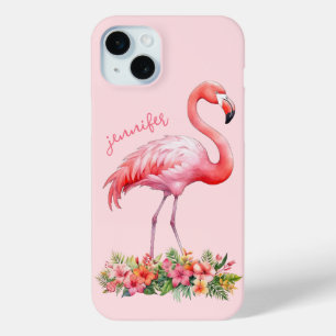 Pink Flamingo with Tropical Flowers iPhone 15 Mini Case