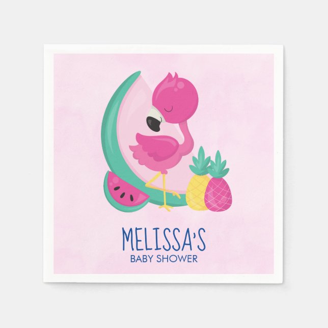 Pink Flamingo with Tropical Fruits Baby Shower Napkin (Front)