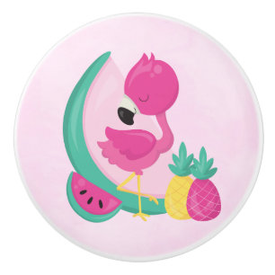 Pink Flamingo with Tropical Fruits Ceramic Knob