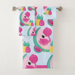 Pink Flamingo with Tropical Fruits Pattern Bath Towel Set