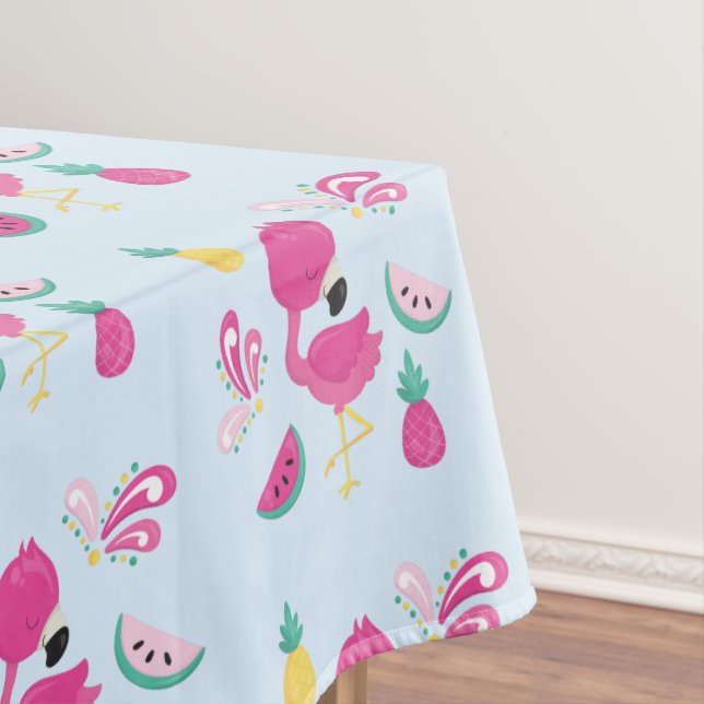 Pink Flamingo with Tropical Fruits Pattern Tablecloth (In Situ)