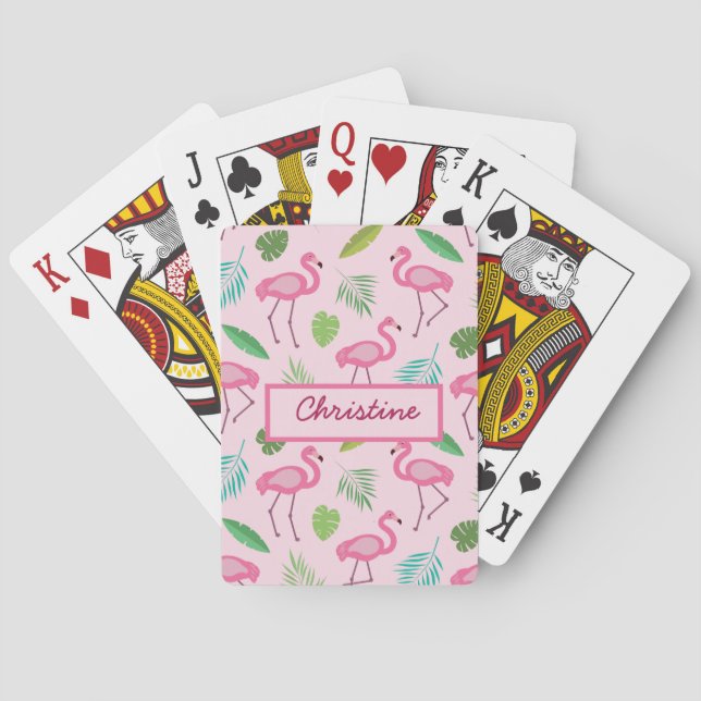 Pink Flamingo with Tropical Leaves Custom  Playing Cards (Back)