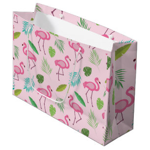 Pink Flamingo with Tropical Leaves Pattern  Large Gift Bag