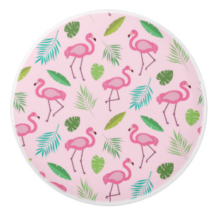 Pink Flamingo with Tropical Leaves Personalised Ceramic Knob