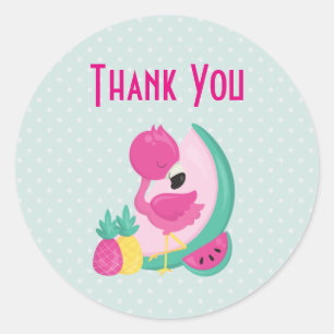 Pink Flamingo with Watermelon & Pineapples Classic Round Sticker
