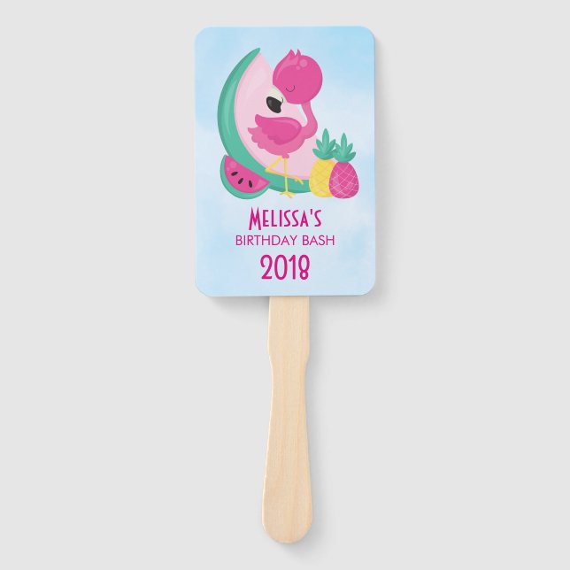 Pink Flamingo with Watermelon & Pineapples Hand Fan (Front)