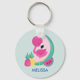 Pink Flamingo with Watermelon & Pineapples Key Ring