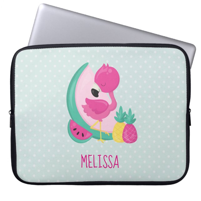 Pink Flamingo with Watermelon & Pineapples Laptop Sleeve (Front)