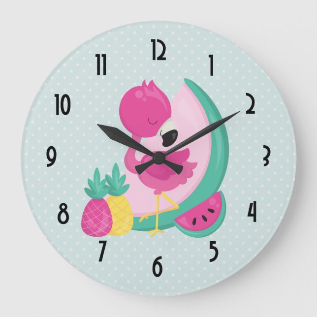 Pink Flamingo with Watermelon & Pineapples Large Clock (Front)