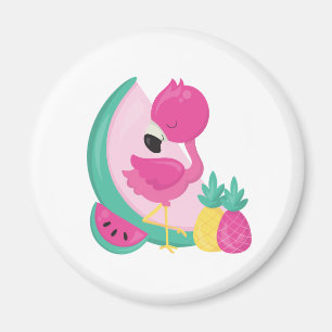 Pink Flamingo with Watermelon & Pineapples Magnet