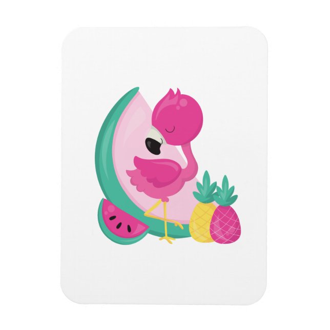 Pink Flamingo with Watermelon & Pineapples Magnet (Vertical)