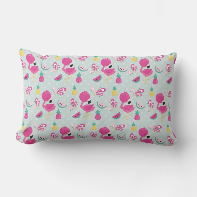 Pink Flamingo with Watermelon & Pineapples Pattern Lumbar Cushion (Front)