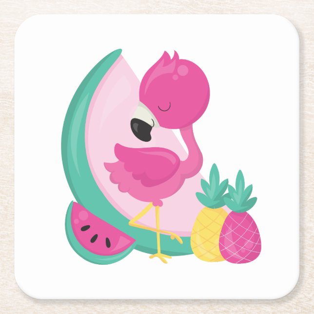 Pink Flamingo with Watermelon & Pineapples Square Paper Coaster (Front)