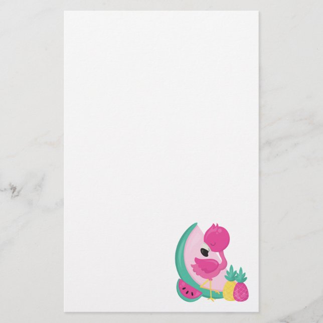 Pink Flamingo with Watermelon & Pineapples Stationery (Front)