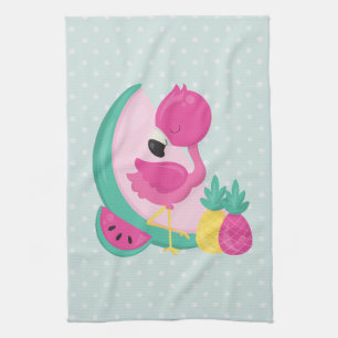 Pink Flamingo with Watermelon & Pineapples Tea Towel