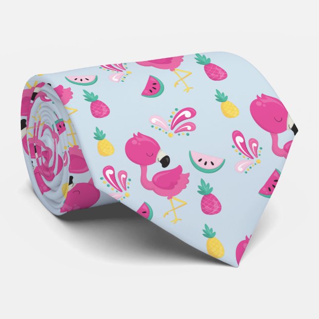 Pink Flamingo with Watermelon & Pineapples Tie (Rolled)