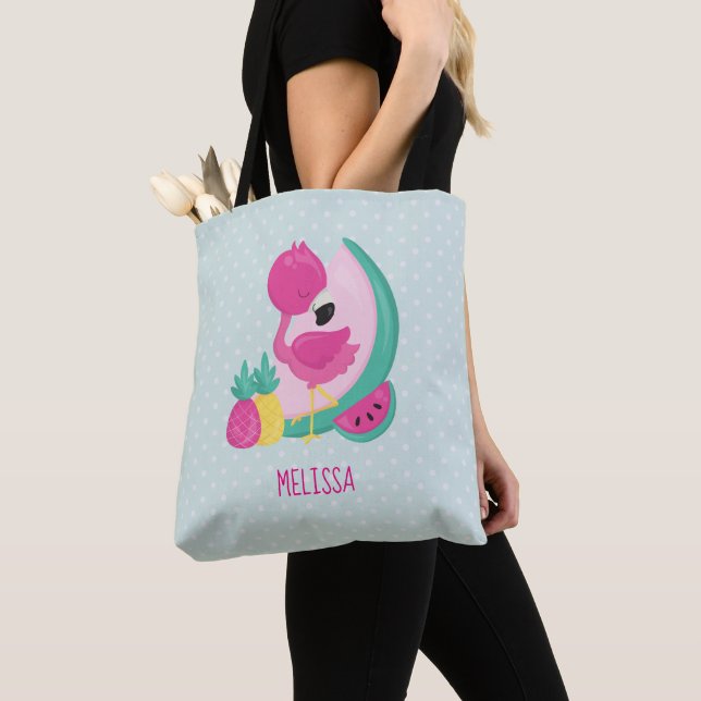 Pink Flamingo with Watermelon & Pineapples Tote Bag (Close Up)
