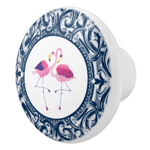 Pink Flamingo With White & Blue Swirls Ceramic Knob