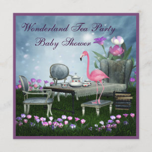 Pink Flamingo Wonderland Tea Party Baby Shower Invitation