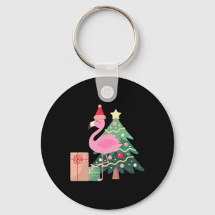 Pink Flamingo Xmas Tree Tropical Summer Christmas Key Ring
