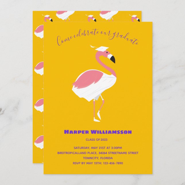 Pink Flamingo Yellow Animal Graduation Invitation (Front/Back)