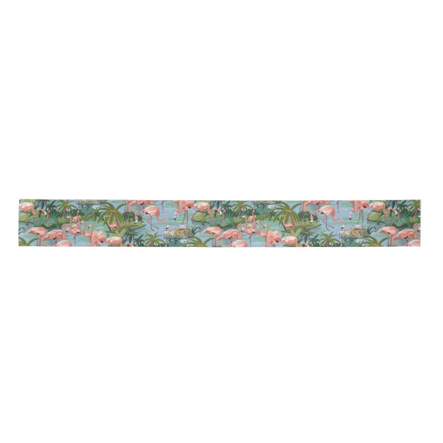 Pink Flamingoes in a Tropical Blue Lagoon Ribbon Satin Ribbon (Front)