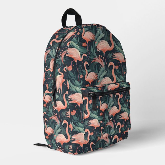 Pink Flamingoes In Ferns Printed Backpack (Back Corner Left)