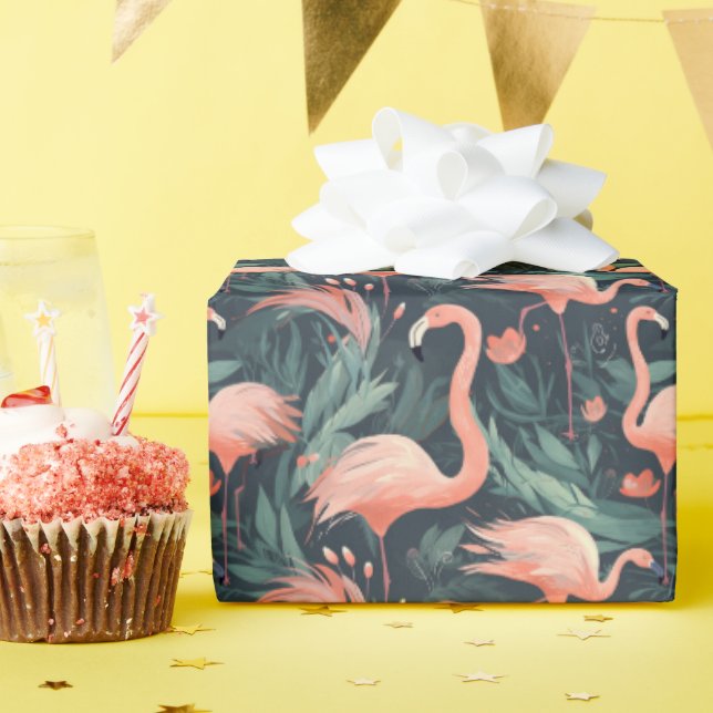 Pink Flamingoes In Ferns Wrapping Paper (Birthday Party)